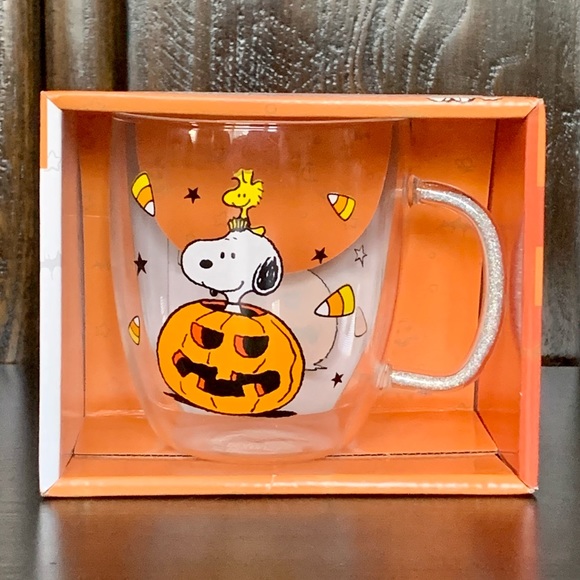 Peanuts 14oz Glass Halloween Mug - Snoopy Woodstock Jack O’ Lantern Candy Corn - Picture 1 of 9